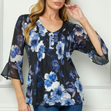 3/4 Ruffle Sleeve Pintuck V-Neck Popover Blouse in Blue