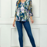 3/4 Ruffle Sleeve Pintuck V-Neck Popover Blouse in Teal