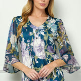 3/4 Ruffle Sleeve Pintuck V-Neck Popover Blouse in Teal