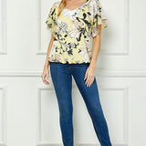 Ruffle Cold Shoulder V-Neck Blouse - Yellow