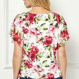Ruffle Cold Shoulder V-Neck Blouse - Ivory/Red
