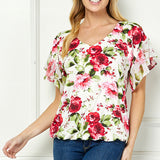 Ruffle Cold Shoulder V-Neck Blouse - Ivory/Red