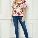 Ruffle Cold Shoulder V-Neck Blouse - Ivory/Red