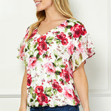 Ruffle Cold Shoulder V-Neck Blouse - Ivory/Red