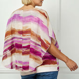 Scoop Neck Cutout Trim Poncho Top in Tan/Purple/Brown - Plus