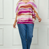 Scoop Neck Cutout Trim Poncho Top in Tan/Purple/Brown - Plus