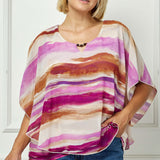 Scoop Neck Cutout Trim Poncho Top in Tan/Purple/Brown - Plus