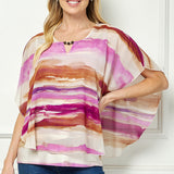 Scoop Neck Cutout Trim Poncho Top in Tan/Purple/Brown