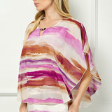 Scoop Neck Cutout Trim Poncho Top in Tan/Purple/Brown