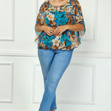 Poncho Tank Cutout Trim Mix Media Blouse in Turquoise - Plus