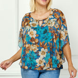 Poncho Tank Cutout Trim Mix Media Blouse in Turquoise - Plus