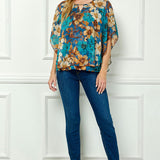 Poncho Tank Cutout Trim Mix Media Blouse in Turquoise