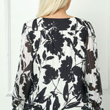 Long Ruffle Sleeve Cutout Trim Front Neck Mix Media Blouse - Plus