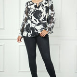 Long Ruffle Sleeve Cutout Trim Front Neck Mix Media Blouse - Plus