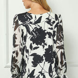 Long Ruffle Sleeve Cutout Trim Front Neck Mix Media Blouse