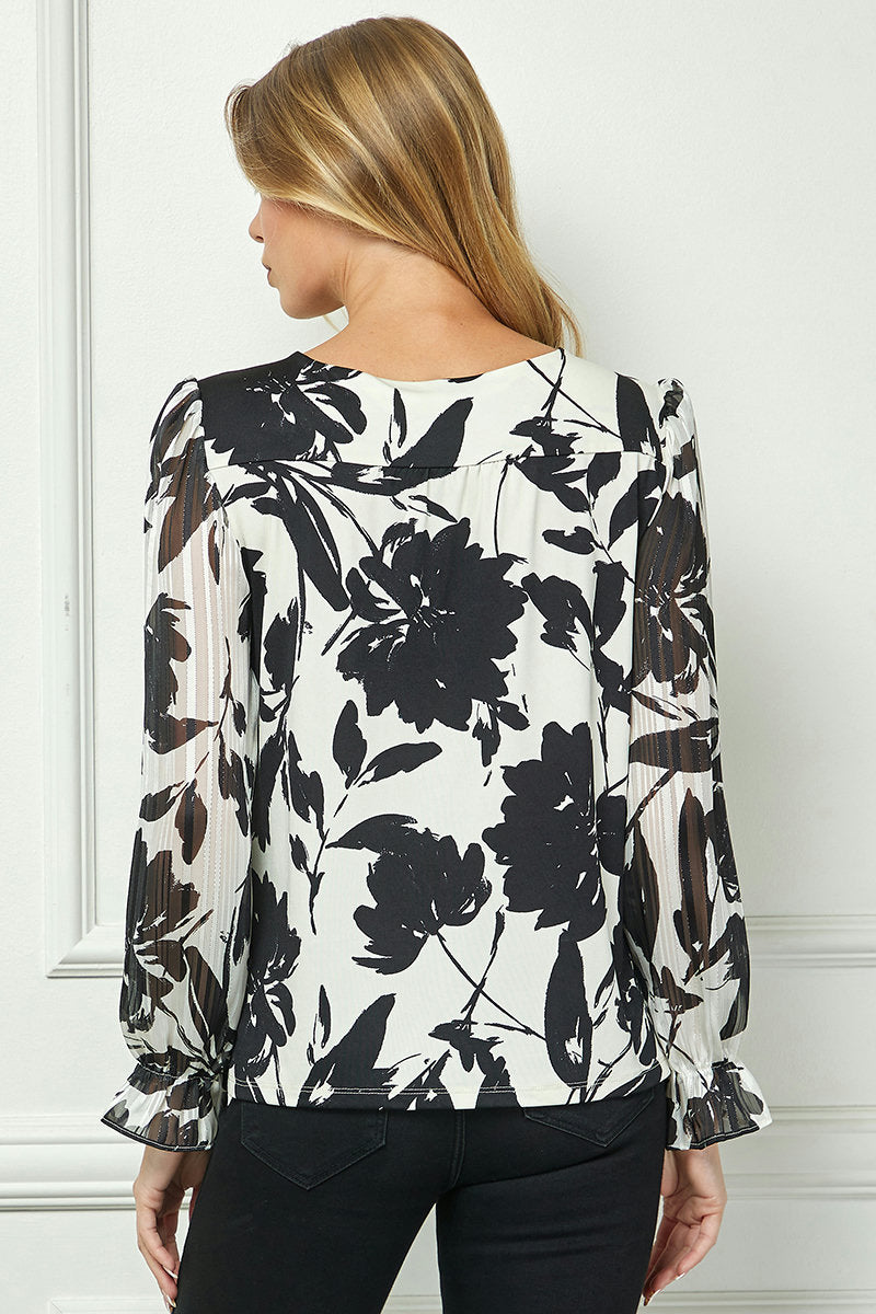 Long Ruffle Sleeve Cutout Trim Front Neck Mix Media Blouse – Dressbarn