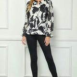 Long Ruffle Sleeve Cutout Trim Front Neck Mix Media Blouse