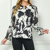 Long Ruffle Sleeve Cutout Trim Front Neck Mix Media Blouse