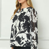 Long Ruffle Sleeve Cutout Trim Front Neck Mix Media Blouse