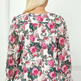 Long Ruffle Sleeve Cutout Removable Trim Front Jewel Neck Mix Media Blouse - Plus