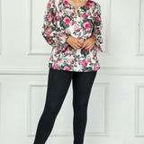 Long Ruffle Sleeve Cutout Removable Trim Front Jewel Neck Mix Media Blouse - Plus