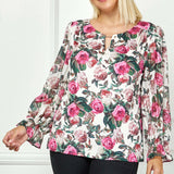 Long Ruffle Sleeve Cutout Removable Trim Front Jewel Neck Mix Media Blouse - Plus