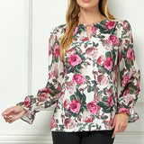 Long Ruffle Sleeve Cutout Removable Trim Front Jewel Neck Mix Media Blouse