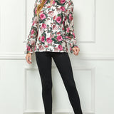 Long Ruffle Sleeve Cutout Removable Trim Front Jewel Neck Mix Media Blouse