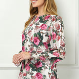 Long Ruffle Sleeve Cutout Removable Trim Front Jewel Neck Mix Media Blouse