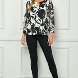 3/4 Sleeve Cutout Trim Mix Media Blouse in Ivory