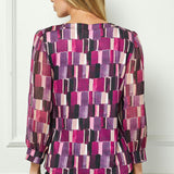 3/4 Sleeve Cutout Trim Mix Media Blouse in Plum