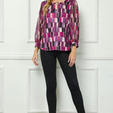 3/4 Sleeve Cutout Trim Mix Media Blouse in Plum