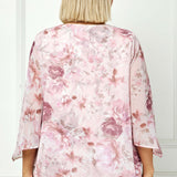 Hanky Hem Poncho V-Neck Blouse with Necklace - Plus - Pink