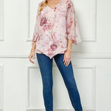 Hanky Hem Poncho V-Neck Blouse with Necklace - Pink