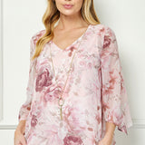 Hanky Hem Poncho V-Neck Blouse with Necklace - Pink