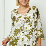 Hanky Sleeve V-Neck Poncho with Necklace in Ivory/Olive/Black - Plus