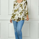 Hanky Sleeve V-Neck Poncho with Necklace in Ivory/Olive/Black - Plus