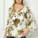 Hanky Sleeve V-Neck Poncho with Necklace in Ivory/Olive/Black