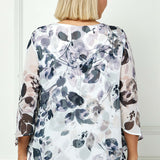 Hanky Hem Poncho V-Neck Blouse with Necklace - Plus - Gray