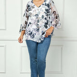 Hanky Hem Poncho V-Neck Blouse with Necklace - Plus - Gray