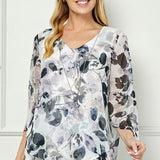 Hanky Hem Poncho V-Neck Blouse with Necklace - Gray