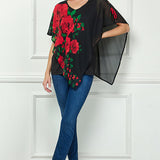 Cold Shoulder Tie Sleeve Poncho with V-neck Tank Blouse in Red