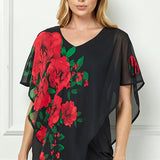 Cold Shoulder Tie Sleeve Poncho with V-neck Tank Blouse in Red