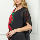 Cold Shoulder Tie Sleeve Poncho with V-neck Tank Blouse in Red