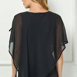 Cold Shoulder Tie Sleeve Poncho with V-neck Tank Blouse - Black