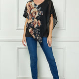 Cold Shoulder Tie Sleeve Poncho with V-neck Tank Blouse - Black