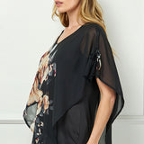Cold Shoulder Tie Sleeve Poncho with V-neck Tank Blouse - Black