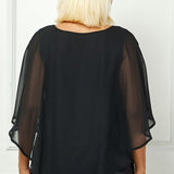 Cold Shoulder Tie Sleeve Poncho with V-neck Tank Blouse in Red -Plus