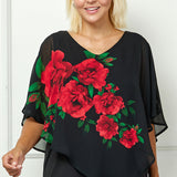Cold Shoulder Tie Sleeve Poncho with V-neck Tank Blouse in Red -Plus
