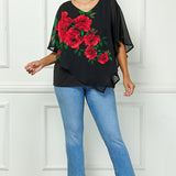 Cold Shoulder Tie Sleeve Poncho with V-neck Tank Blouse in Red -Plus